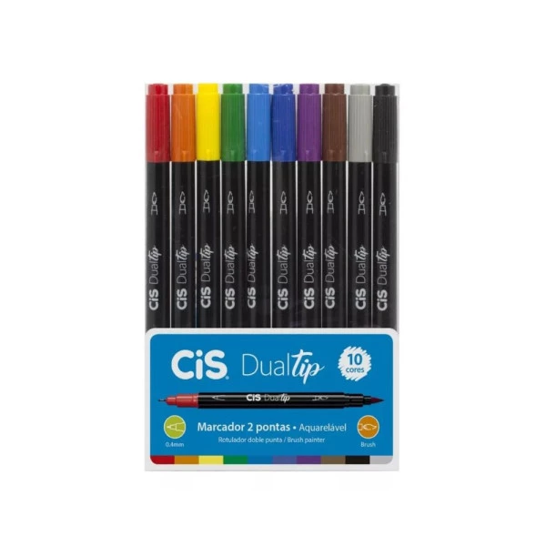 Marcador Brush Pen Fineliner Duas Pontas Cis Dual Tip 10 Cores