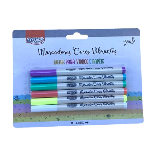 Marcadores Cores Vibrantes BRW c/ 6 cores Ideal Para Vidros e Papéis