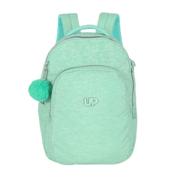Mochila Escolar de Costas Turquesa Crinkle Com Pompom Up4You