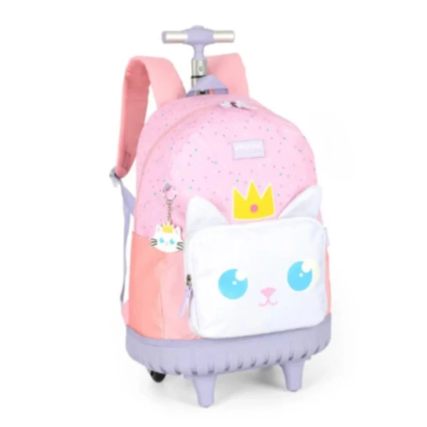 Mochila Escolar de Rodinhas Carrinho Gato Rosa Up4You