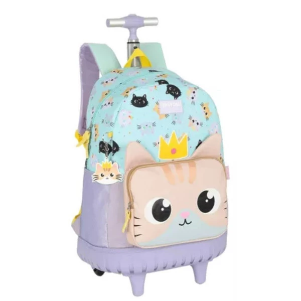 Mochila Escolar de Rodinhas Carrinho Gato Verde Up4You
