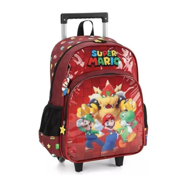 Mochila Escolar de Rodinhas Super Mario Bowser Vinho Luxcel