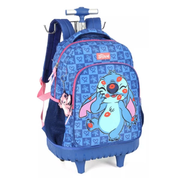 Mochila Escolar Infantil de Rodinhas Carrinho Stitch Azul Luxcel