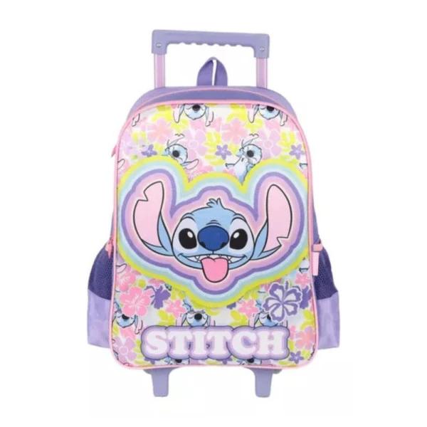 Mochila Escolar Infantil de Rodinhas Stitch Verde e Roxo Luxcel