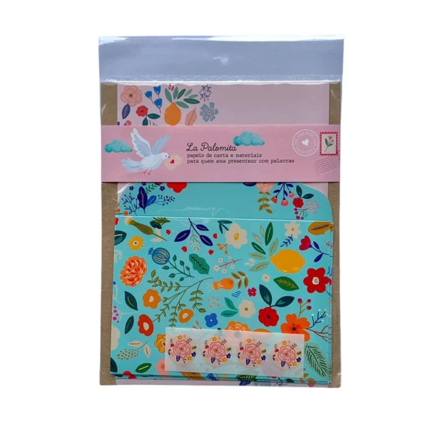 Papeis de Carta Kit com Envelopes Floral Turquesa La Palomita