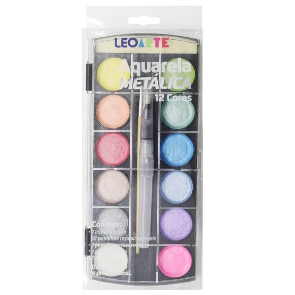 Tinta Aquarela Metálica 12 Cores Leo Arte