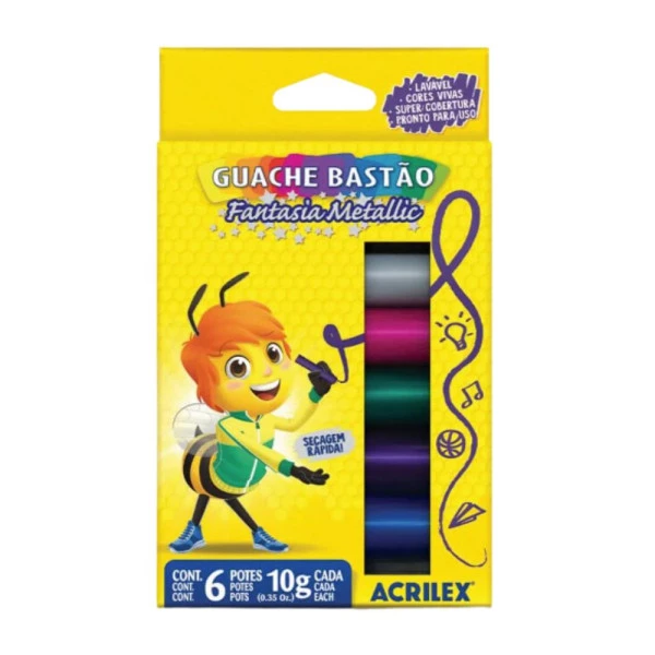 Tinta Guache Bastão Metálico Acrilex 6 Cores