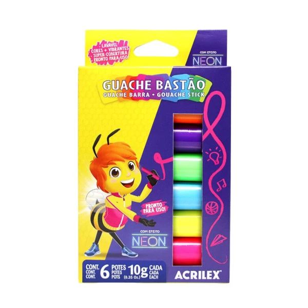 Tinta Guache Bastão Neon Acrilex 6 Cores