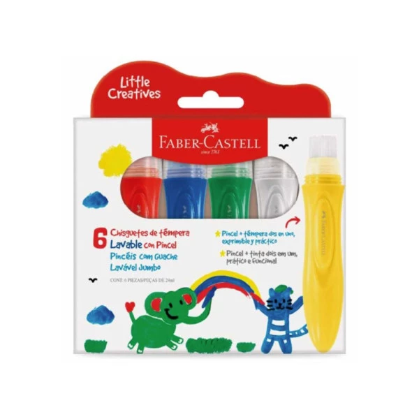 Tinta Guache Jumbo Com Pincel Little Creatives Faber Castell 6 Cores